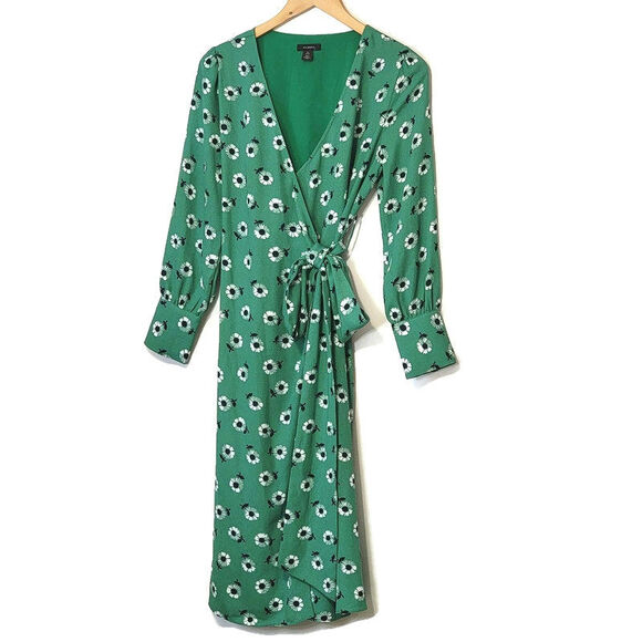 Halogen Floral Daisy Green Wrap Midi Dress V Neck Long Sleeve Tie Waist Size XSP - Picture 1 of 16